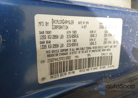 2007 Dodge Grand Caravan Sxt из США, поврежденный, VIN 2D8GP44L97R318562